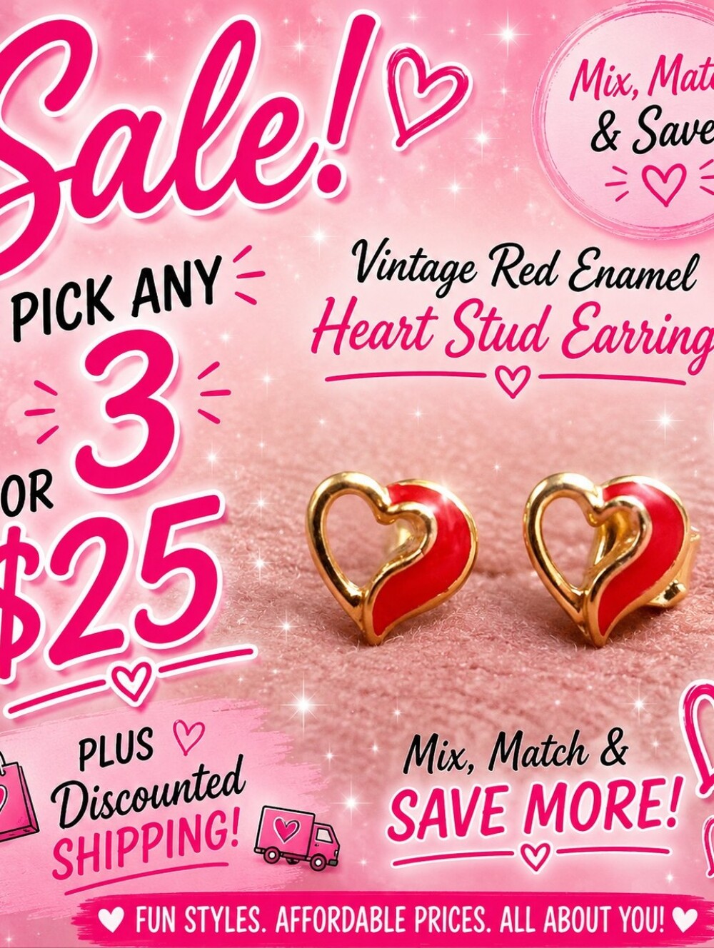 Vintage Red Enamel Heart Stud Earrings Gold Tone Romantic Love Minimalist Petite